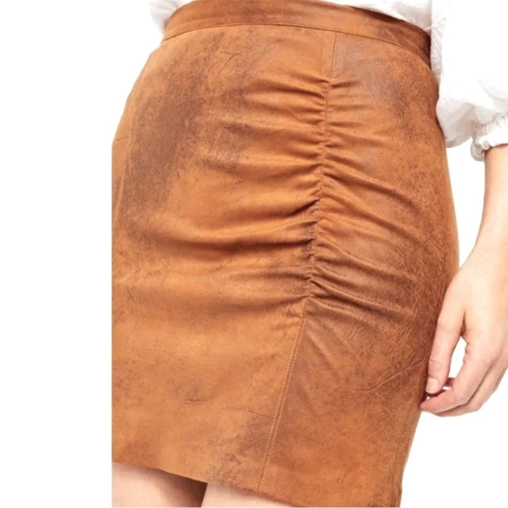 Free People Rumi Ruched Faux Leather Mini Skirt in Camel